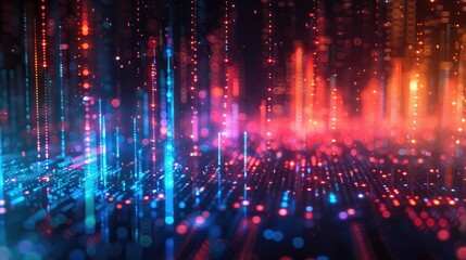 Abstract digital background with glowing lines and particles in blue, red, and pink.