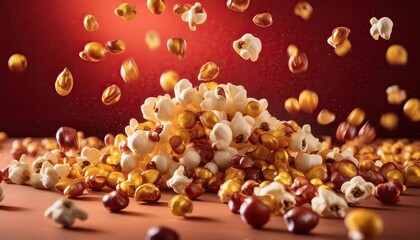 Pop corn kernels popping in air with a red background. bioskop graphic resource. bioskop content. cinema