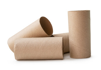 Side view of brown tissue paper cores in stack isolated on white background with clipping path