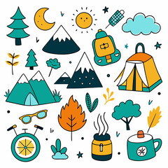 Vector set of camping equipment symbols, icons and elements. Summer hiking collection