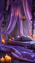 Romantic wedding night room with lavender drapes, minimalist elegant dÃ©cor, cozy candlelit ambiance, ideal for newlywed romance.