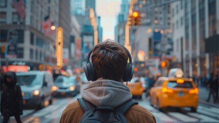 Kid with headphones walking through busy city