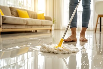Mopping Floor in Sunlit Living Room