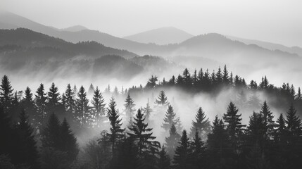 Black and white misty forest, layers of distant mountains, ethereal fog floating among ancient trees, tranquil and eerie vibe