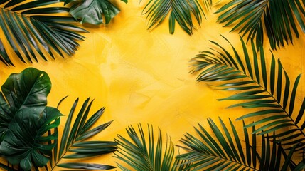 Close-up of tropical palm leaves creating a natural frame against a vibrant yellow background, emphasizing the contrast of colors and textures