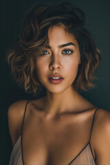 Naklejka premium A woman with brown hair and blue eyes is wearing a black tank top