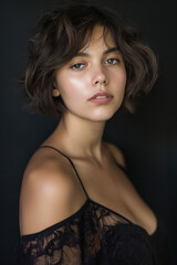 Naklejka premium A woman with a short haircut and a black lace top