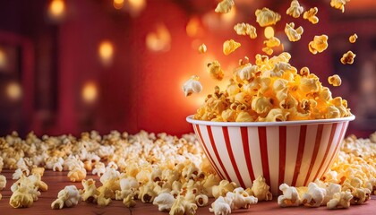 popcorn in the spotlight. the left side is empty Pop corn in big cup kernels popping in air with a red teater background. pop corn the best to content. 1:1. landscape.