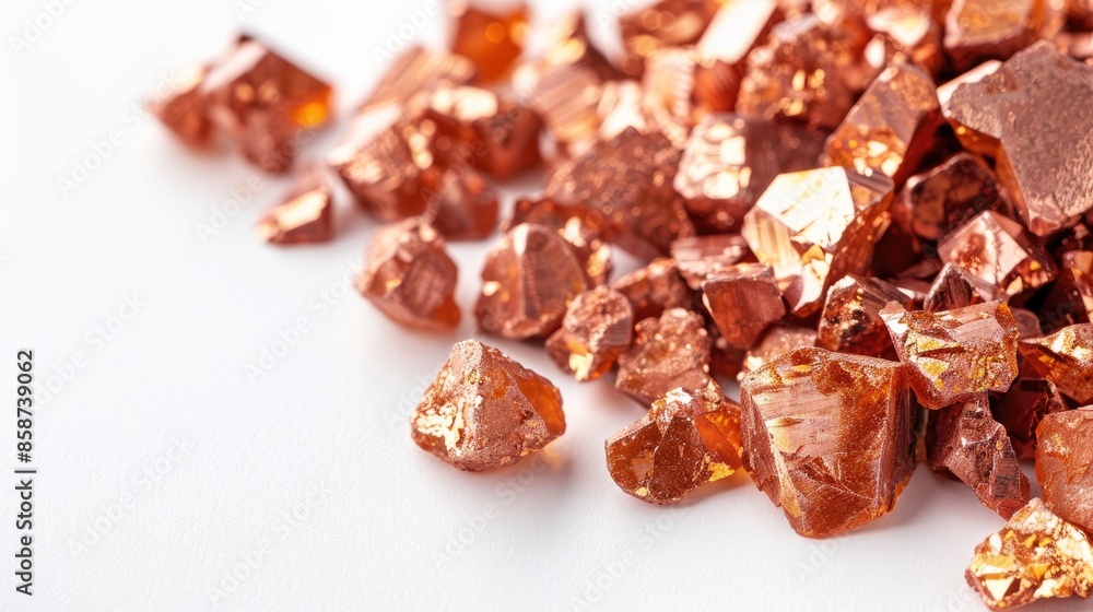 Poster close up view of copper nugget on white background with space for text