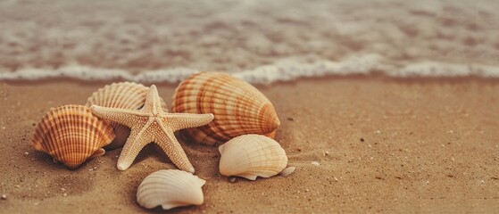 Vintage starfish and seashells on a beach with a nostalgic feel, Sepia tones, Illustration, Classic style