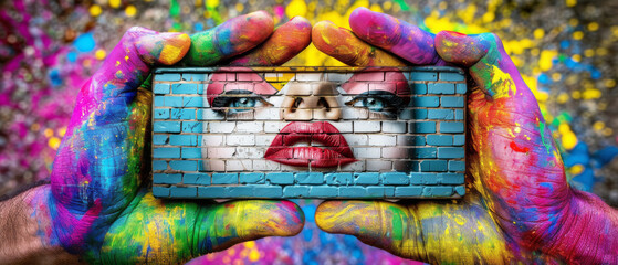 Fototapeta premium Colorful Painted Hands Holding a Brick with Woman's Face