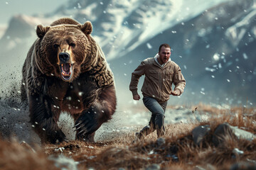 A man running away from a charging bear in a snowy mountain setting, depicting a tense and dangerous encounter in the wilderness.