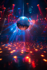 A vibrant disco ball in a colorful club setting, evoking the lively atmosphere of a night out.