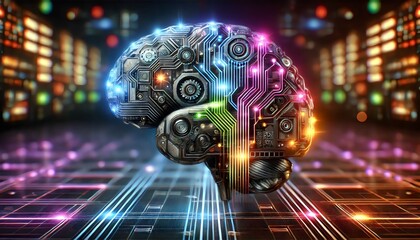 An illustration of a futuristic brain composed of intricate circuitry and glowing lights, set against a background of digital pathways and data streams