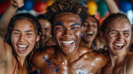 A wrestling team celebrating a victory with enthusiastic expressions, isolated on a white background. 