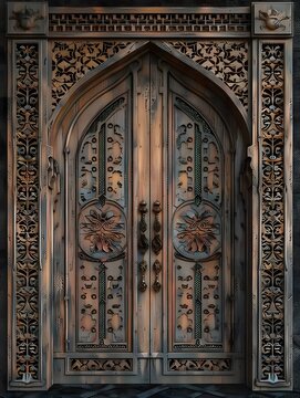 Luxurious wooden doors with intricate geometric and floral patterns, showcasing exquisite craftsmanship and timeless elegance.