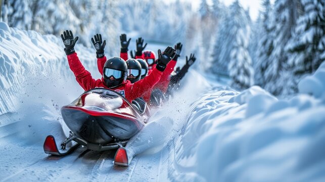 A bobsled team celebrating after a successful run, isolated on a white background. 