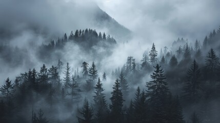 Enchanted forest in mist, layered mountain backdrop, ethereal fog creating a haunting scene, black and white serenity