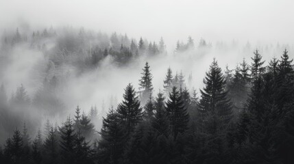 Enigmatic misty forest, layered mountains faintly visible, dense fog weaving through trees, haunting black and white composition