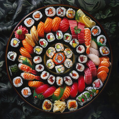 A delicious plate of fresh salmon sushi rolls, a traditional Japanese seafood meal