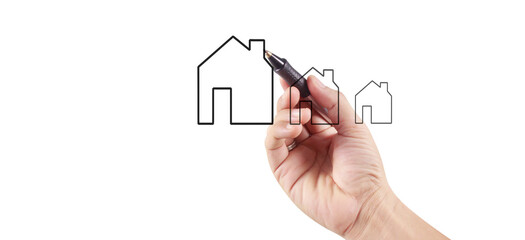 Male hand drawing house in whiteboard visualization home dream