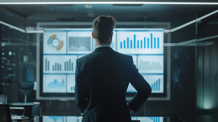 Fototapeta premium Modern, sleek image of a confident business professional giving a presentation with a large screen displaying graphs and data, office setting #5