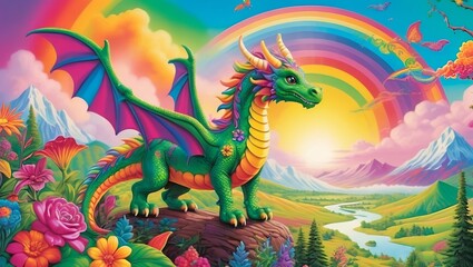 A vibrant and colorful cartoon kawaii illustration of a magnificent green dragon and rainbow children drawing 