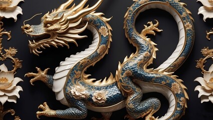 Obraz premium golden dragon statue floral baroque print patterns glossy Porcelain glaze finish