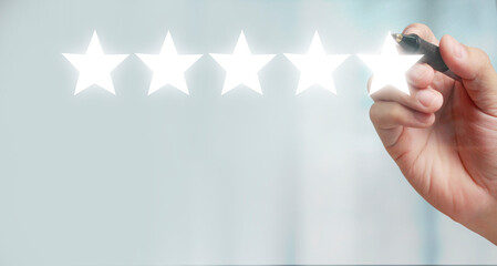 Rise on increasing five stars in human hand, Increase rating