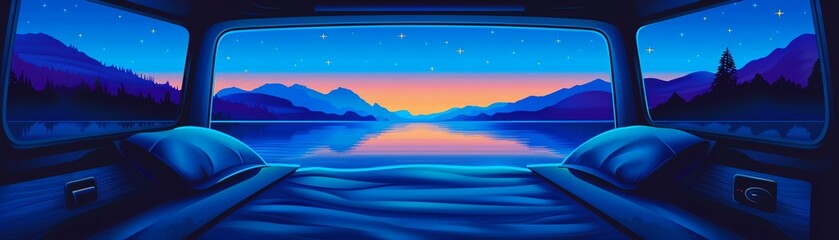 Fototapeta premium Fantasy camper van interior with a magical mountain view, enchanted scene, Magical, Soft pastels, Watercolor, Mystical atmosphere