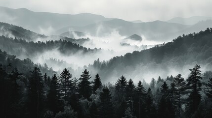 Fototapeta premium Foggy forest, layered mountains in the distance, dense mist creating a mysterious ambiance, black and white tranquil scene