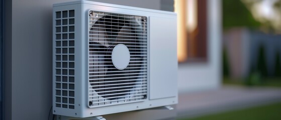 Modern air conditioning unit mounted on the side of a contemporary house, bright and clean, Realism, Cool tones, Digital painting, High detail