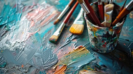 Obraz premium Artist s table displays brushes and paints