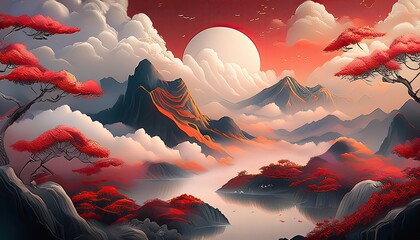 card design red cloud and white cloud chinese background or chinese wallpaper