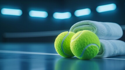 Tennis balls and towels with augmented reality labels, modern sports setup, Futuristic, Cool and warm tones, Digital painting, Techenhanced sports gear