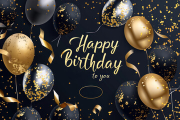Happy birthday greeting background, postcard, invitation with balloons in gold and black. 