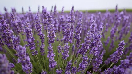 Naklejka premium Lavender rows under a clear sky, sharp focus on purple flowers contrasting with deep green stems, creating a vibrant and lively scene