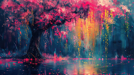 Elegant colorful with vibrant flower hanging branches illustration background. Bright color 3d abstraction wallpaper for interior mural, Generated by AI