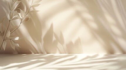 Blurred shadow from leaves on the light beige wall. Minimal abstract background for product presentation. Spring and summer.