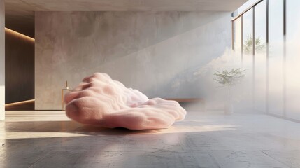 Pink cloud-like sofa floating in a minimalist space, contemporary design, light and airy, perfect for modern interiors