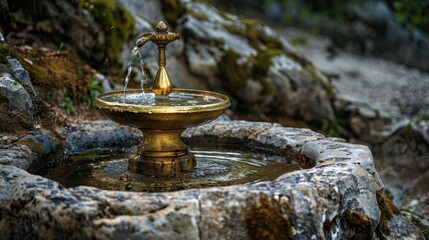 Antique brass fountain for watering livestock in mountainous areas Blank area for text