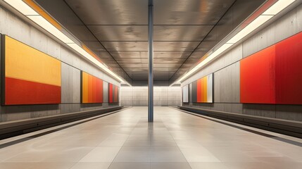 Obraz premium Quiet subway platform, air conditioning system blending into architecture, abstract art hanging on the walls, serene atmosphere