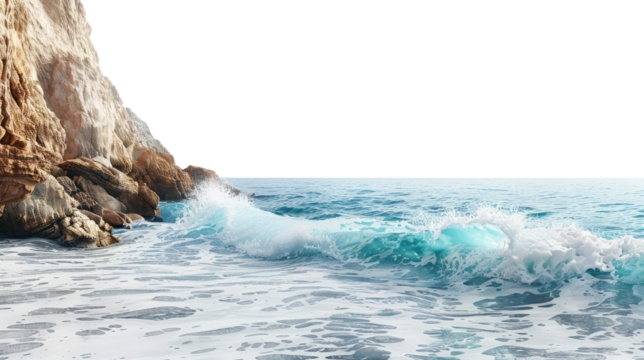 Sea wave crashing into a rocky shore, isolated on transparent background