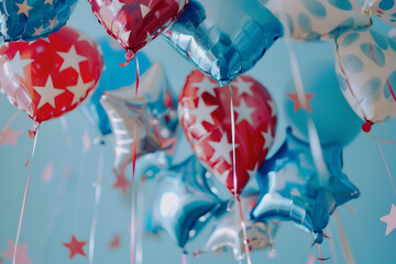 4th of July balloons close up, balloons floating under the ceiling.