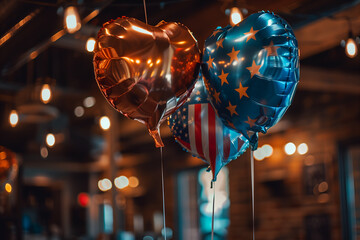Balloons with American flag styled pattern on a blurred background. 4th of July Independence day picture.