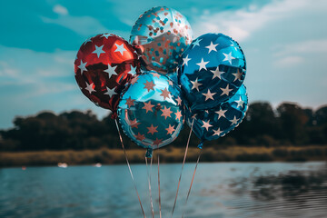 Balloons with star pattern on a summer lake background. 4th of July Independence day picture.
