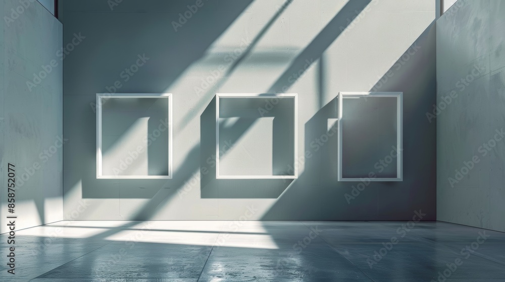 Poster a trio of frames in geometric shapes suspended from the ceiling and casting a shadow on the floor be