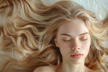 Naklejka premium A Serene Portrait of a Young Woman with Long Flowing Blonde Hair Lying Down with Eyes Closed, Exhibiting a Peaceful Expression on a Soft Background
