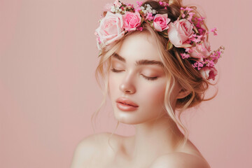 A Tranquil Portrait of a Young Woman with a Delicate Floral Crown, Softly Tousled Blond Hair, and Closed Eyes, Exuding a Sense of Peace and Gracefulness Against a Pastel Pink Background