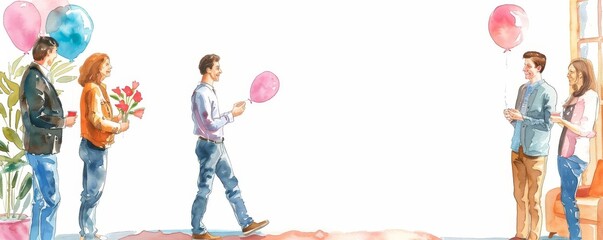 A new employee arriving to find a surprise welcome party, wide shot, watercolor, joyful